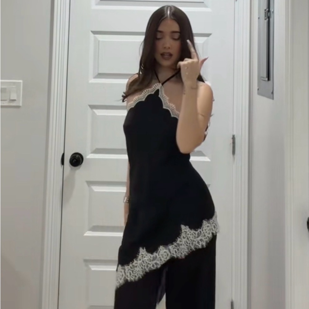 Black jumpsuit with White Lace Trim